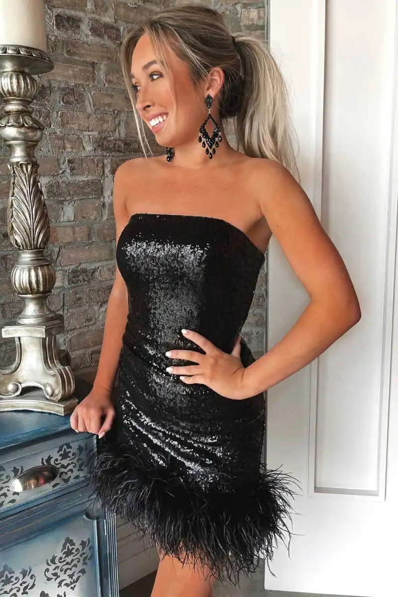 

Короткое черное платье-Русалка для выпускного вечера, новое платье выше колена с вырезом лодочкой, мини-платье без рукавов с перьями, женское коктейльное платье