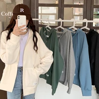 loose style long sleeved cardigan hooded sweater casual jacket womens 2022 spring and autumn college style solid color top