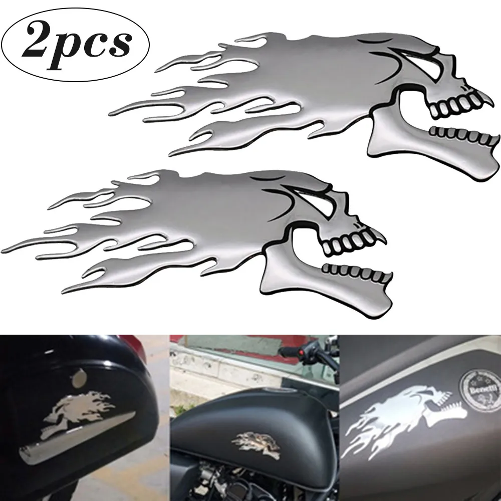 

2PCS Motorbike 3D Gel Sticker Decal L/R Pair Tank Car Sliver Flaming Skull Decoration Accessories Motorcycle Protection Stickers
