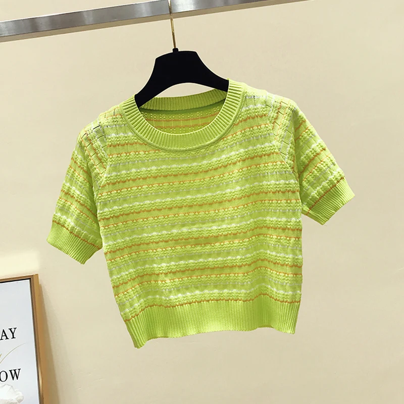 

Cropped Feminino Summer Hollow-Out Patchwork Casual Short Knitted Tank Tops Female O Neck Short Sleeve New Fashion Korean Top