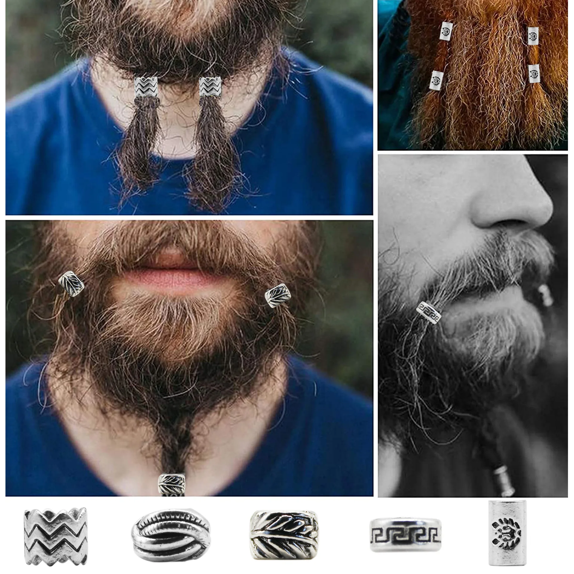 

5Pcs/Pack silver viking Rune hair braid dread dreadlock beard beads rings tube for women men hair accessories