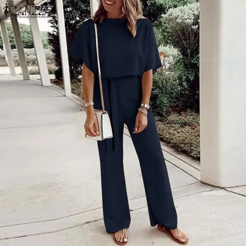 

Elegant Short Sleeve Solid Rompers ZANZEA 2022 Women Summer Jumpsuits Casual Overalls Trouser Fashion Lace Up Work OL Playsuits