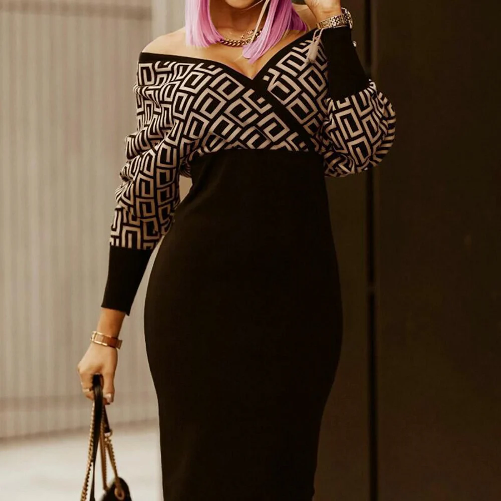 

Women Sexy Deep V Neck Party Dress Winter Office Lady Autumn Casual Long Sleeve Slim Dress Women Elegant Printed Bodycon Dresses