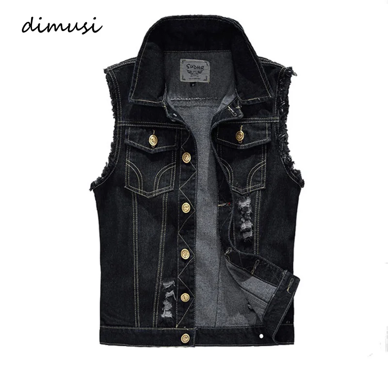

New Spring Autumn Vintage Design Men's Denim Vest Male Black Sleeveless Jackets Men Hole Jeans Brand Waistcoat 6XL,YA566