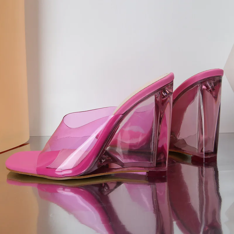 PVC Transparent Fashion Wedge Slippers Rome Style Sweet Orange Silver Crystal Plexiglass Heel Women Outdoor Party Shoes