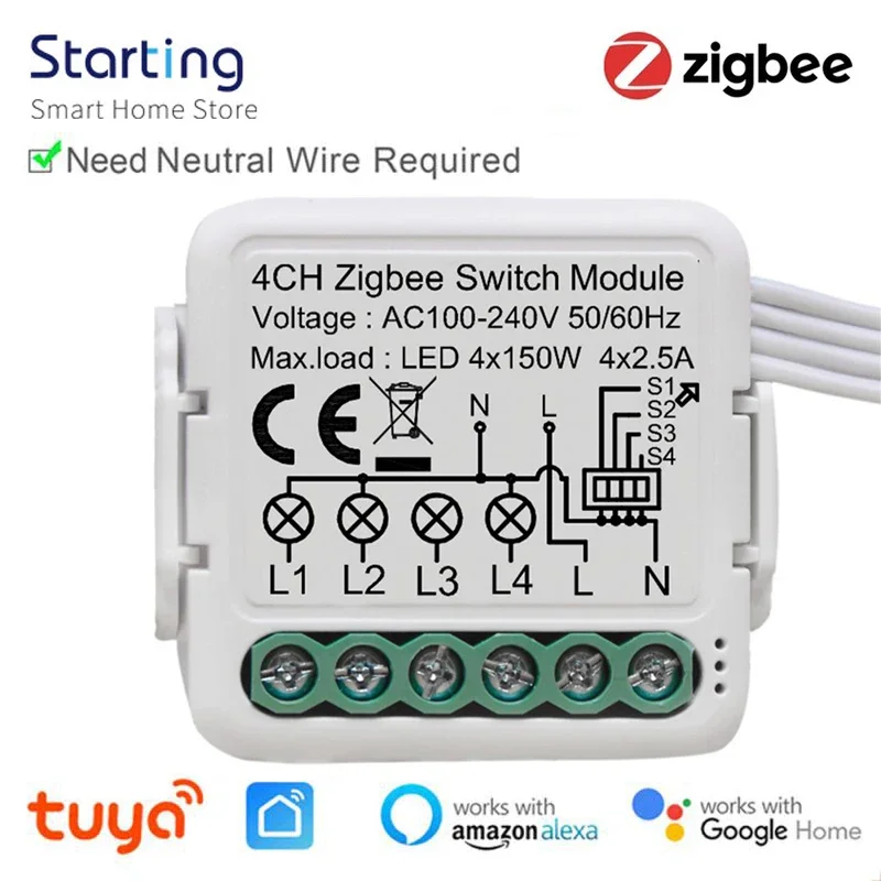 Tuya Zigbee 3/4 Gang Smart Light Switch Module Need Neutral Wire 2 Way Control DIY Breaker Works With Alexa Google Home