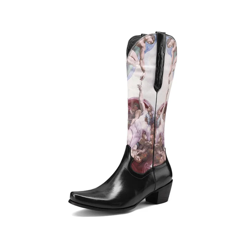 2023 New European-style Printed Oil Painting Retro Knight Boots Pointed Toe Heel Thigh-high Boots Western Cowboy Boots A-0017