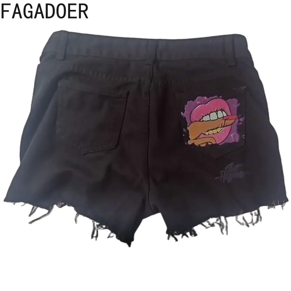 FAGADOER Fashion Y2K Street Style Women Worn Torn Denim Shorts Casual High Waisted Printing Tassels Shorts Female Cowboy Bottoms