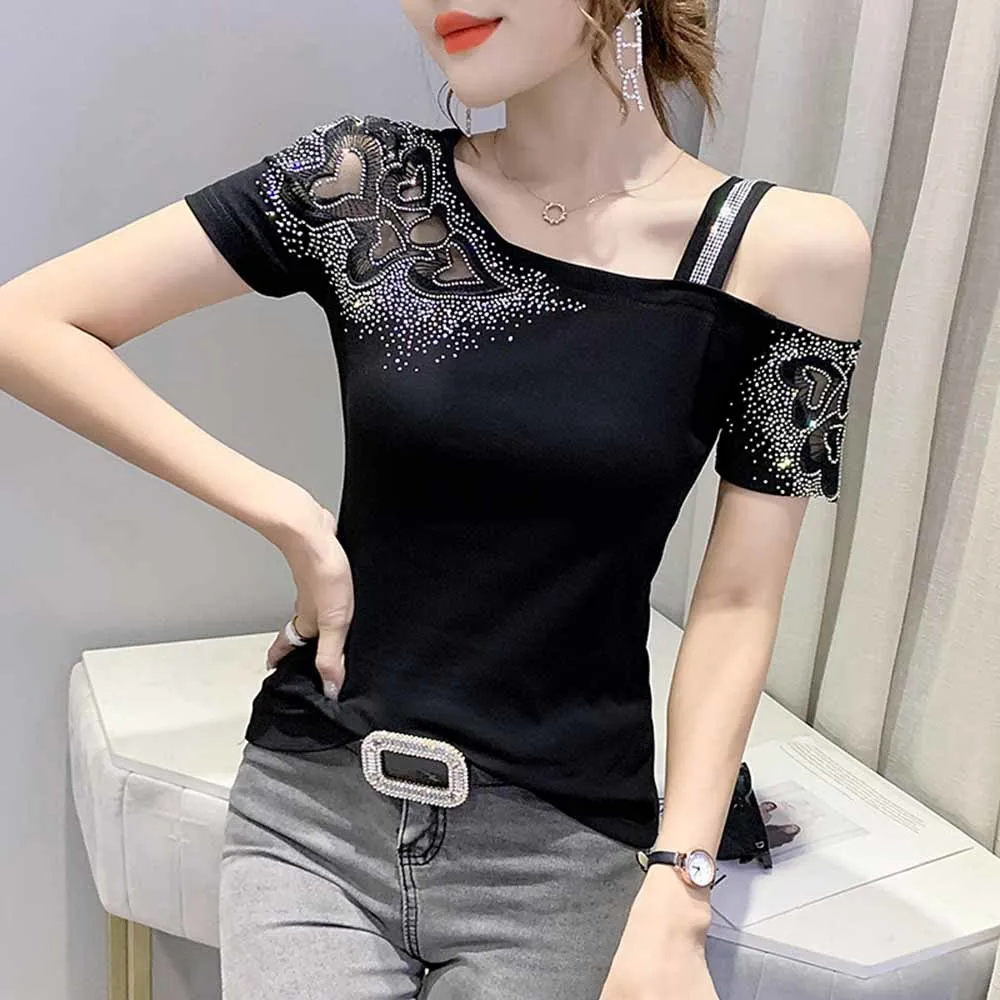 

Black White Red Green Off Shoulder T Shirt Women Cotton Skew Collar Hollow Out Diamonds Sexy T Shirts Female Short Sleeves