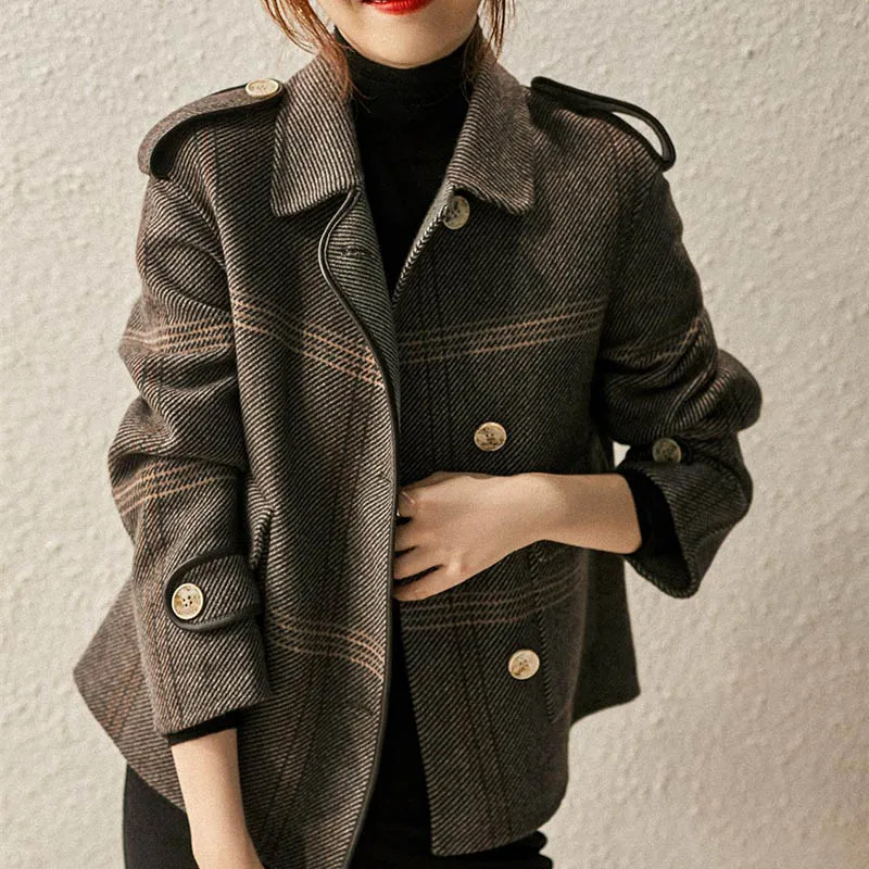 Autumn And Winter Women's New Plaid Coat Korean Fashion Patchwork Wool Short Jacket Temperament Single Breasted Retro Casual Coa