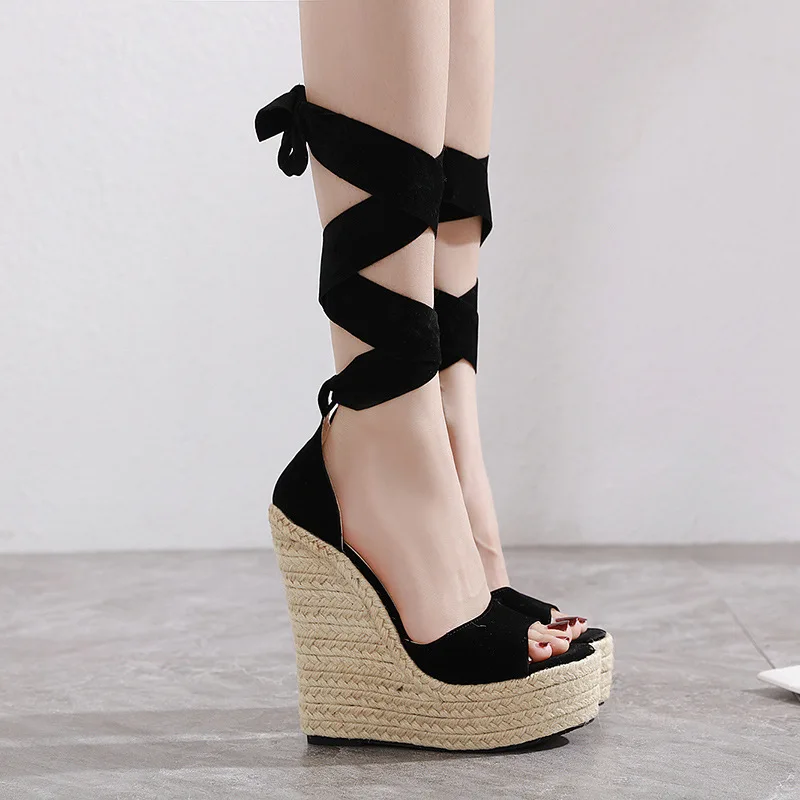 

2023 Summer Women's Ankle Strap Sandals Ladies High-heel Shoes Thick-sole Twine Weaving Wedges Suede Bow Tie Dress Elegant
