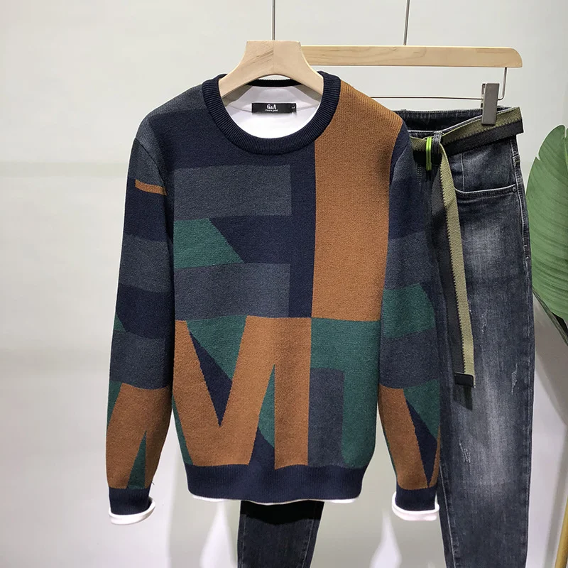 

Новинка 2023, мужские Роскошные зимние камуфляжные Повседневные свитера в стиле колор блок, пуловер с азиатскими вставками, высокое качество,...