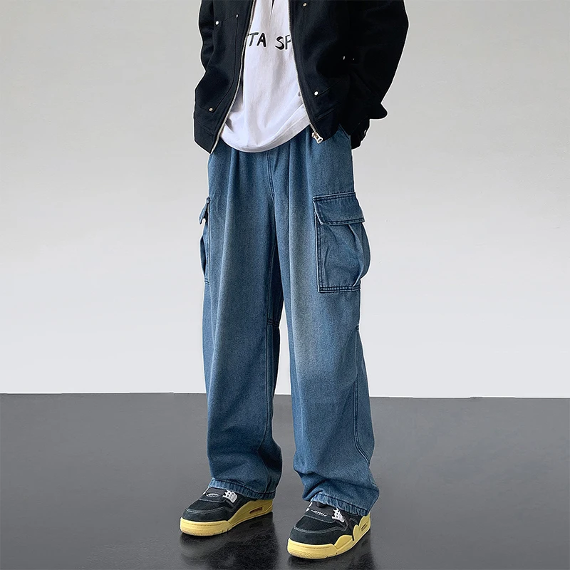 

2023 мужские высококачественные рабочие джинсы, свободные прямые повседневные брюки с эластичным поясом, модные трендовые синие брюки