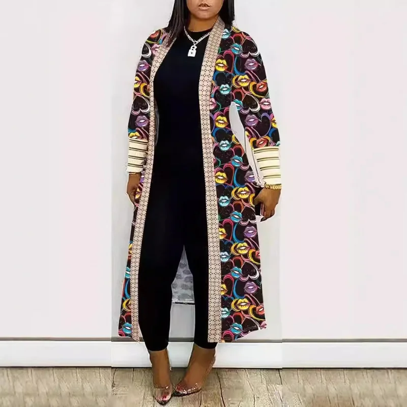 2024 черный модный стиль повседневная длинная куртка-кардиган с принтом и рукавами