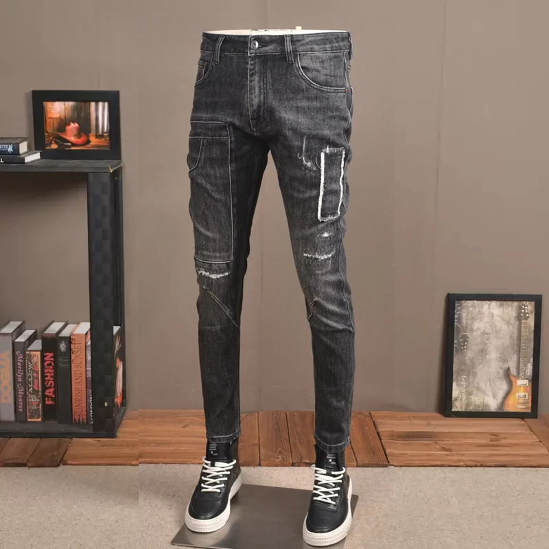 Fashion Streetwear Men Jeans Retro Black Gray Stretch Slim Fit Ripped Jeans Men Patched Pocket Designer Hip Hop Pants Hombre