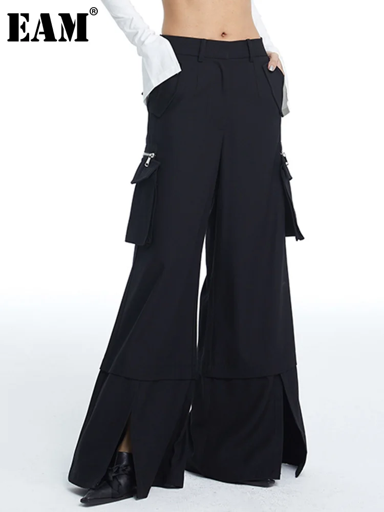 [EAM] High Waist Black Pockets Long Wide Leg Cargo Pants New Loose Fit Trousers Women Fashion Tide Spring Autumn 2023 1DF8206