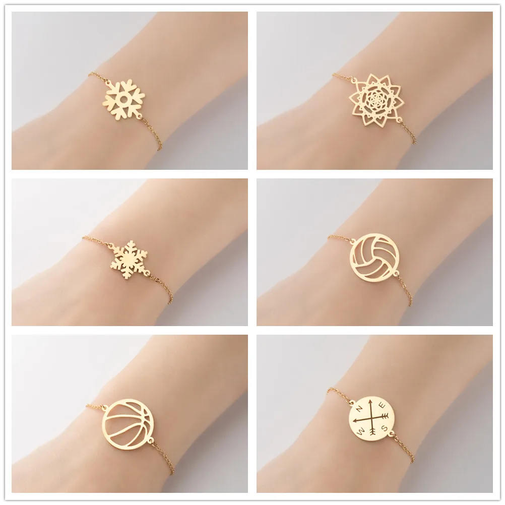 Silver Color Stainless Steel Compass Bracelets For Girl Snowflake Volleyball Charm Bracelet Bangle Fashion Sports Jewelry