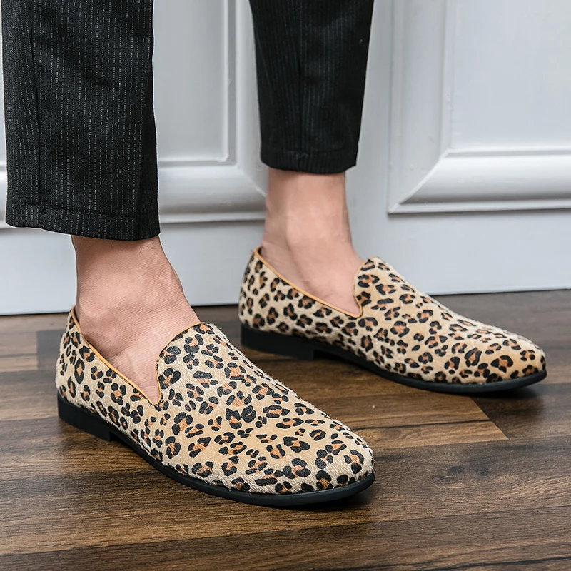 

Spring Leopard Print Nightclub Trendy Shoes Luxury Brand Leather Shoes Men Loafers Casual Shoes Slip on Low Heel Party Shoes