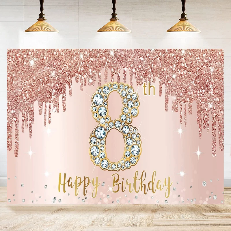 

Photography Backdrop Rose Gold Pink 8 Year Old 8th Birthday Party Background Banner Supplies For Girls Sign Poster Decor
