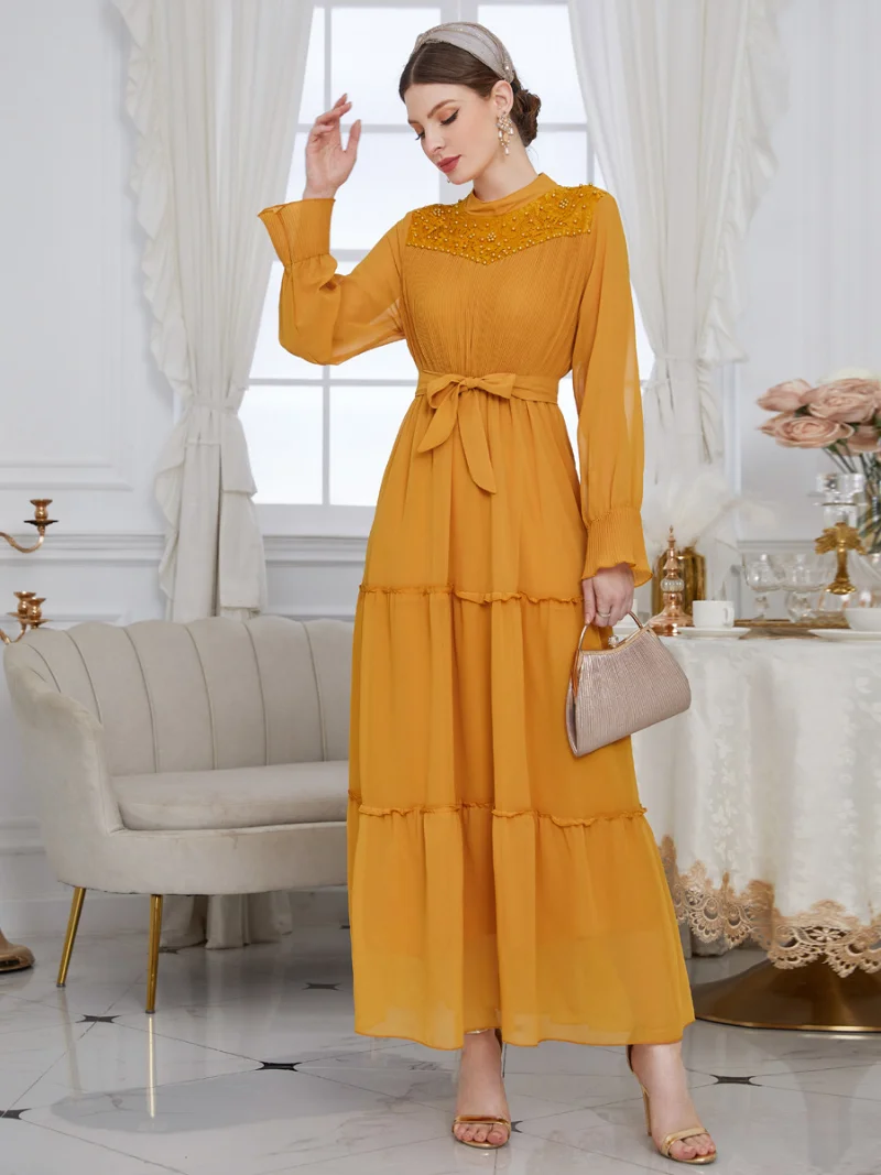 Turkish Women's Dress Chiffon Beaded Lace Patchwork Belted Kaftan Pure Yellow Flared Sleeves Princess Dress Ramadan Abaya