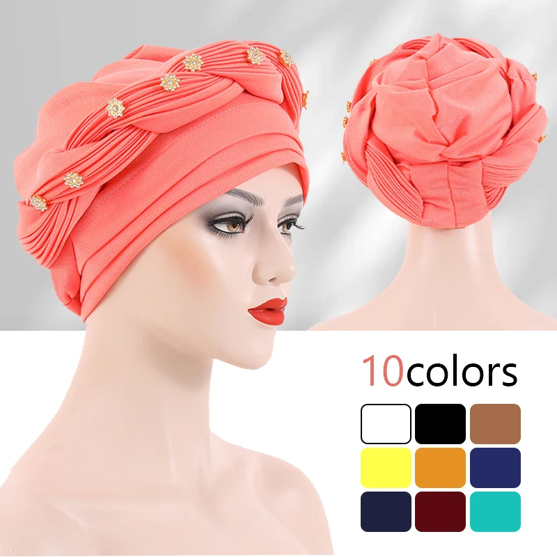 Green/Black Women Muslim Braid Turban Head Wrap Cover African Cap Ramadan Islamic Headwear Arab Fashion Chemo Hair Loss Cap