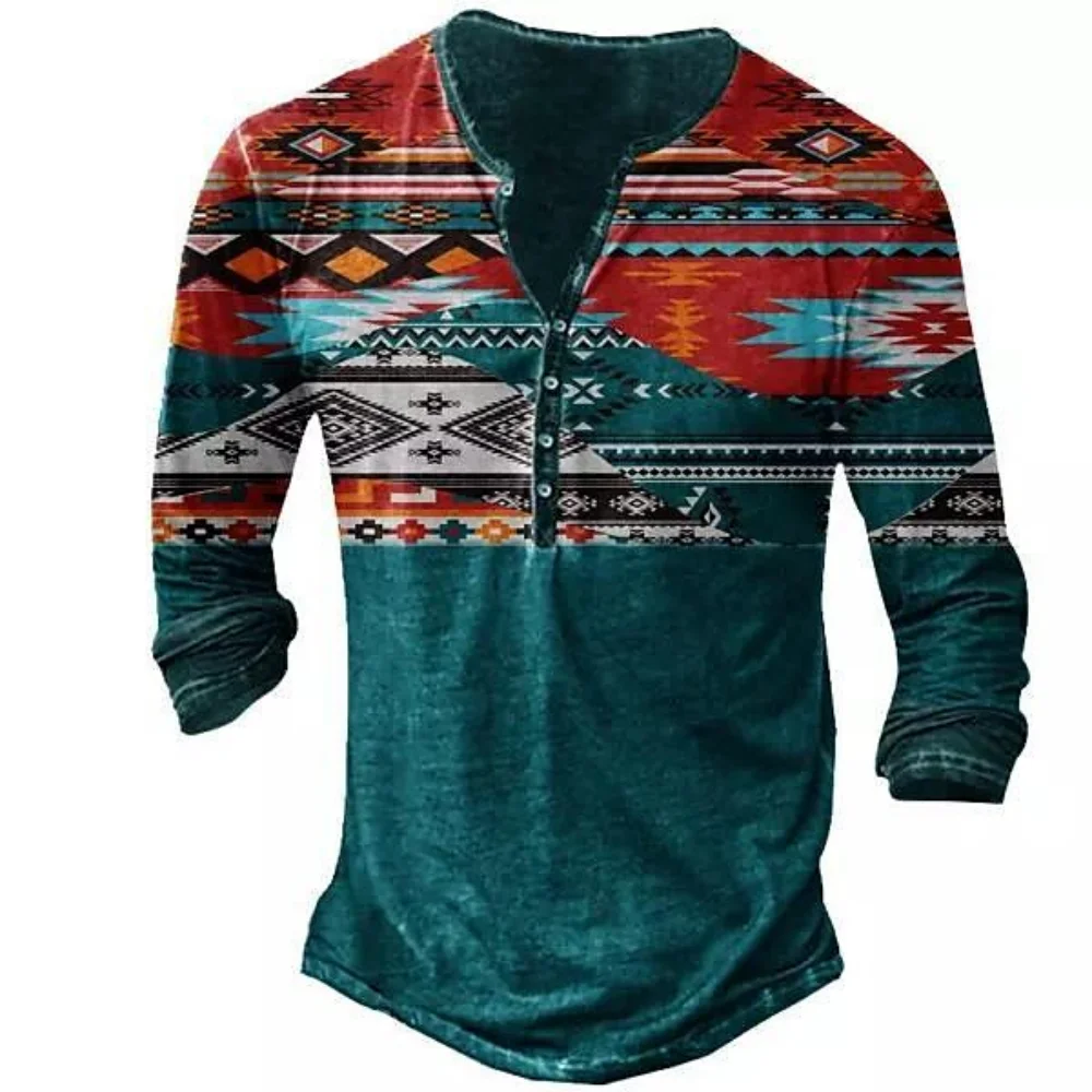 

Vintage Men T Shirts With Button Ethnic Pattern Summer 3d Print Tees O Neck Long Sleeve Cotton Oversized T-Shirt Male Clothing