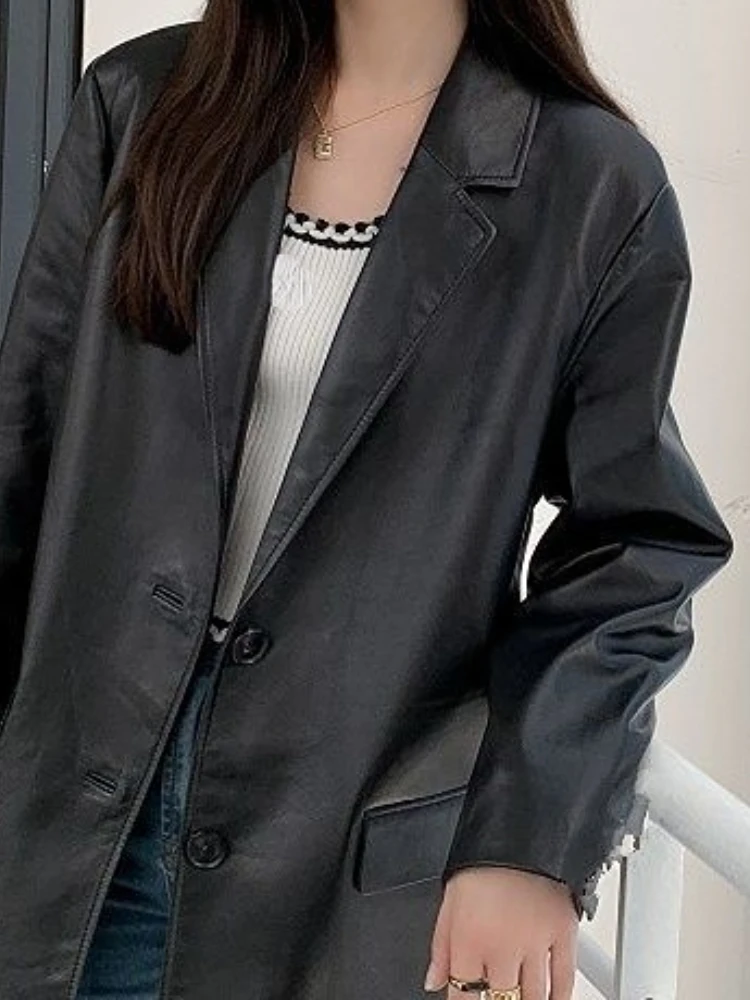 Suit Leather Jacket Women's Spring and Autumn New Casual Niche Pu Leather Premium Sense Black Suit Top Women Clothing Coat