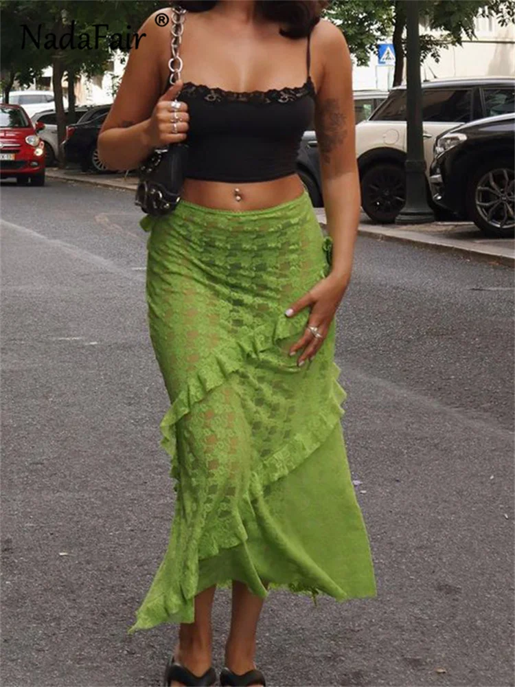 

Nadafair Lace Women Long Skirts See Through Sexy Ruffled Dresses Holiday Beach Summer 2023 Y2K Streetwear Skirt Elegant