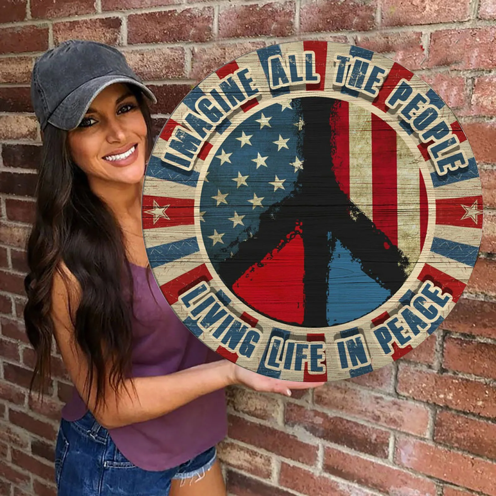 

House hanging decoration Peace round wooden sign peace round door hanging everything will be fine wish world peace Home Decor