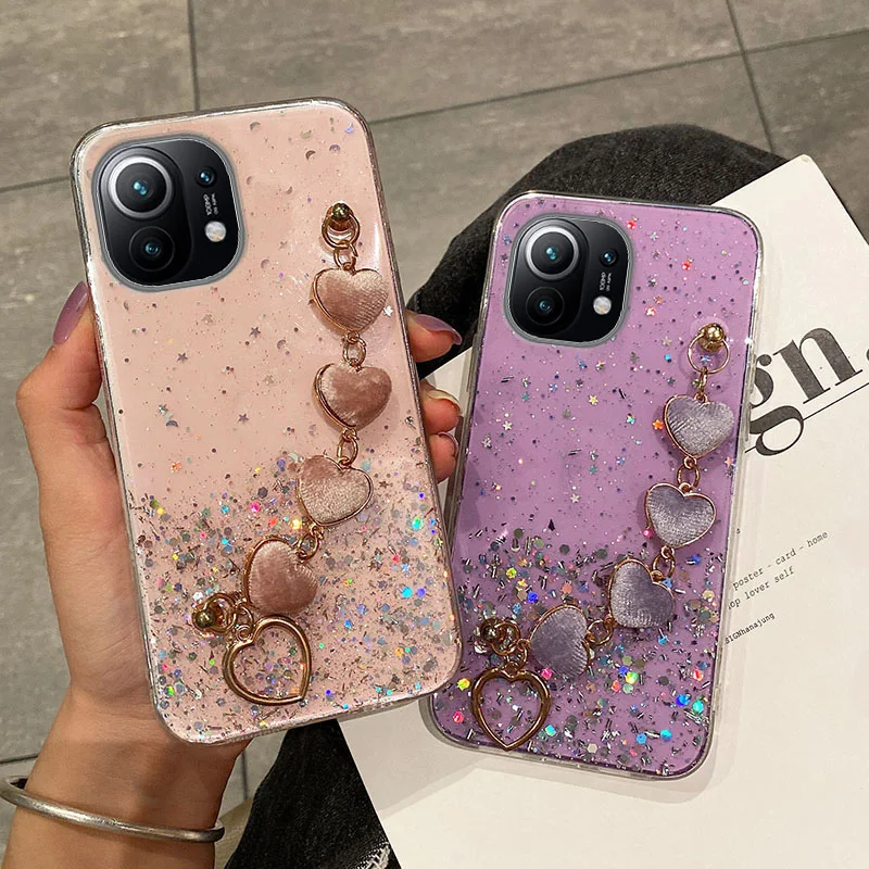 luxury love heart plush bracelet phone case for xiaomi 11lite 9 10 11t poco x3 pro m3 f3 redmi note11s wrist chain silicon cover free global shipping