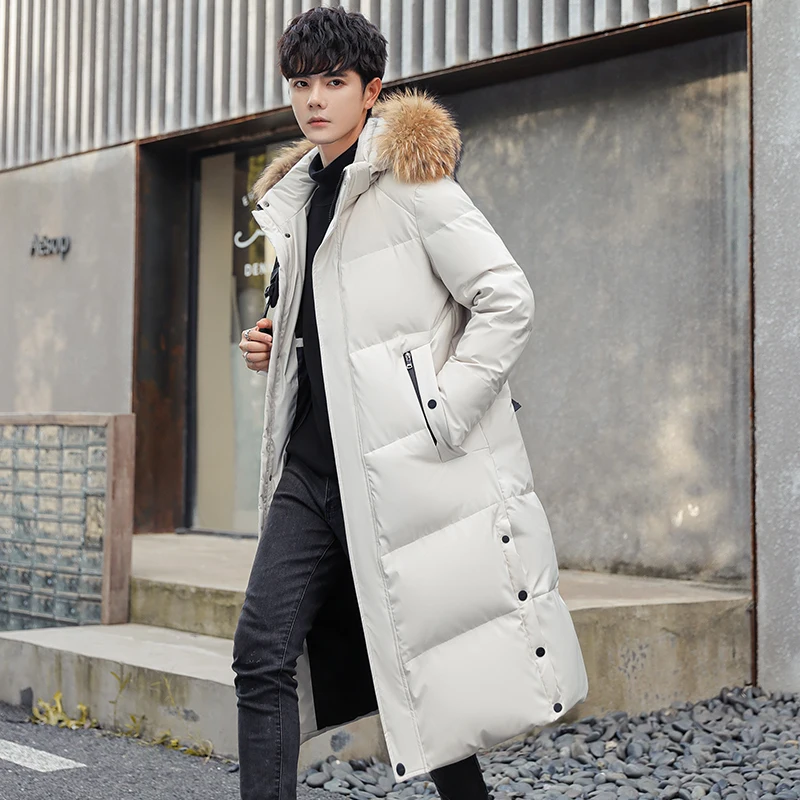 

New 2023 Winter Men's Long Hooded White Duck Down Jacket Solid Loose Fur Collar Detachable Puffer Coat Outwear Thick Warm Parkas