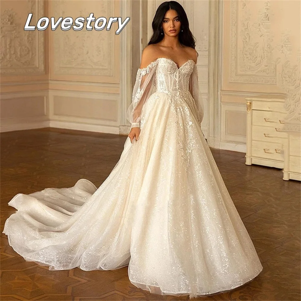 

Роскошные свадебные платья а-силуэта, блестящее платье невесты с рукавом три четверти, свадебное платье принцессы с открытыми плечами, свадебные платья