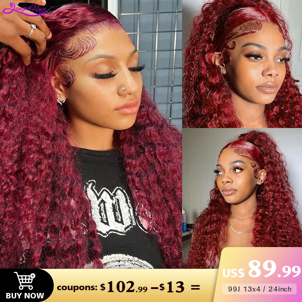 

Langerhair 99J Water Wave Wigs 13x4 Lace Frontal Human Hair Wigs 180% Deep Wave Burgundy Transparent Lace Glueless Wine Red Wig