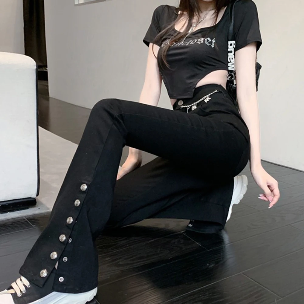 

Spring 2022 Women's Fashion Trousers Slim Stretch Thin Bootcut Denim Pants Black Casual Breasted Split Skinny Jeans for Women