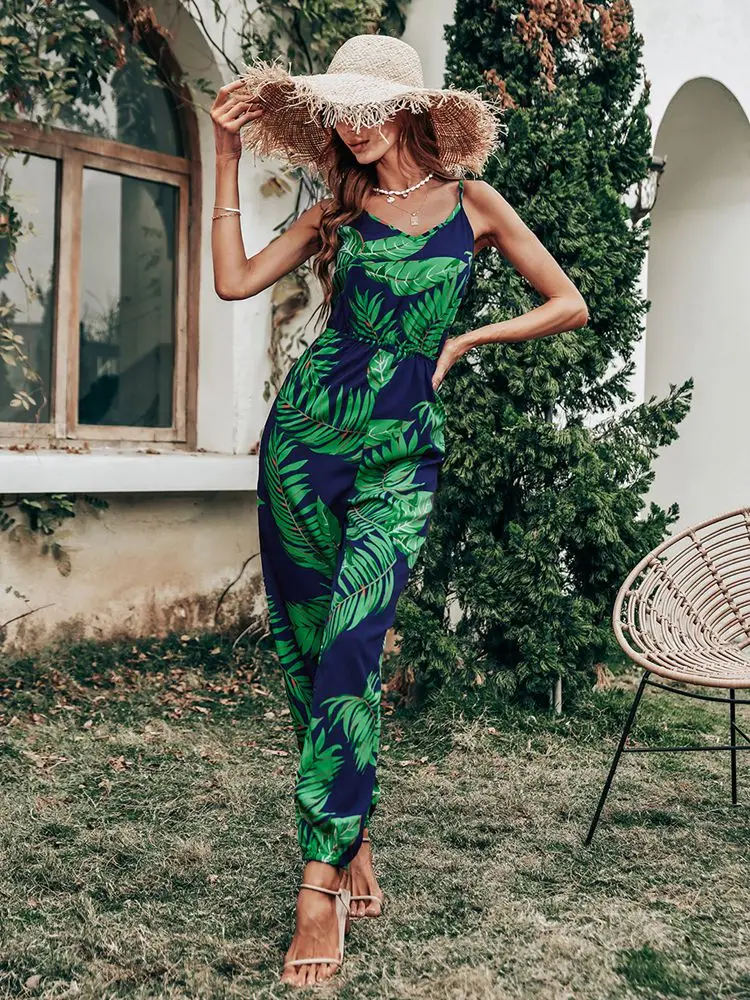 

Женский 2022 весна лето новый v-образный вырез без рукавов Слинг тонкий высокая талия открытая спина принт NavyBlue шикарный комбинезон