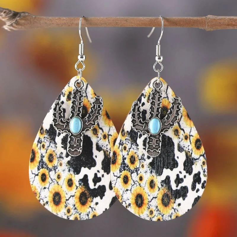 

Cactus Sunflower Turquoise Cow Pattern Dangle Earrings for Women Vintage Cool Earring Western Cowboy Style Wooden Drop Jewellery