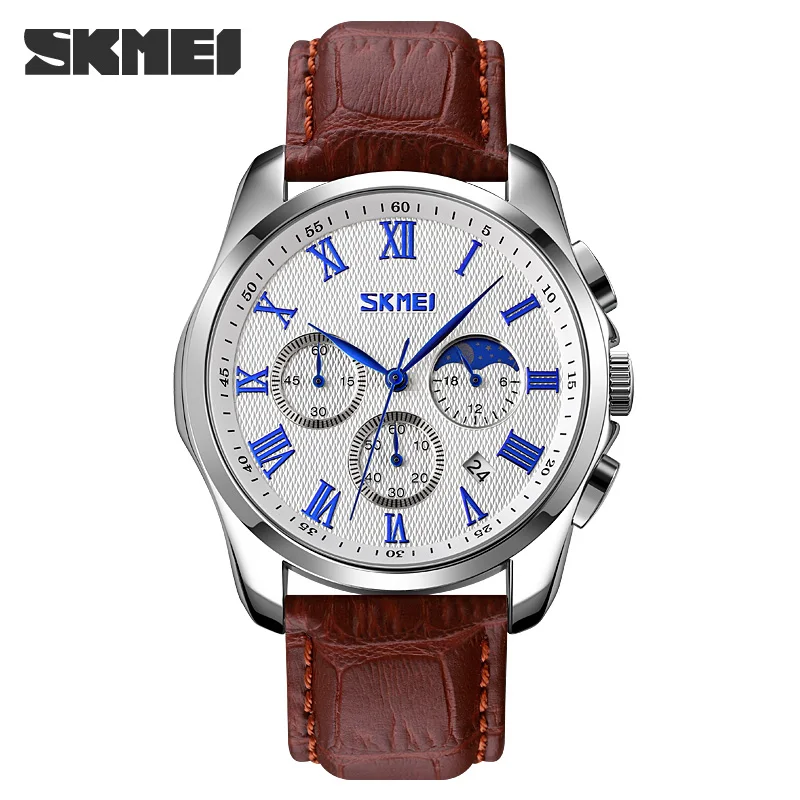 

SKMEI Quartz Watch Moon Phase Stopwatch Wristwatch Fashion Dress Men's Watches Calendar Quartz Clock Top Brand Male Hour