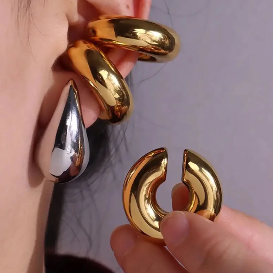 

Punk Thick Stainless Steel Ear Clip For Women Smooth Round Cylindrical Tube Hollow Earrings Non Fading Gold Plating Jewelry Gift