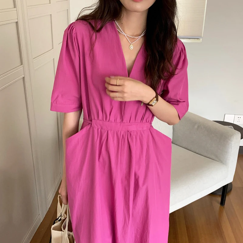 

South korea Chic Simple Gentle V-neck Rose Red White Double Pocket Lace-up Waist Hugging Puff sleeve Dress Long dress Women