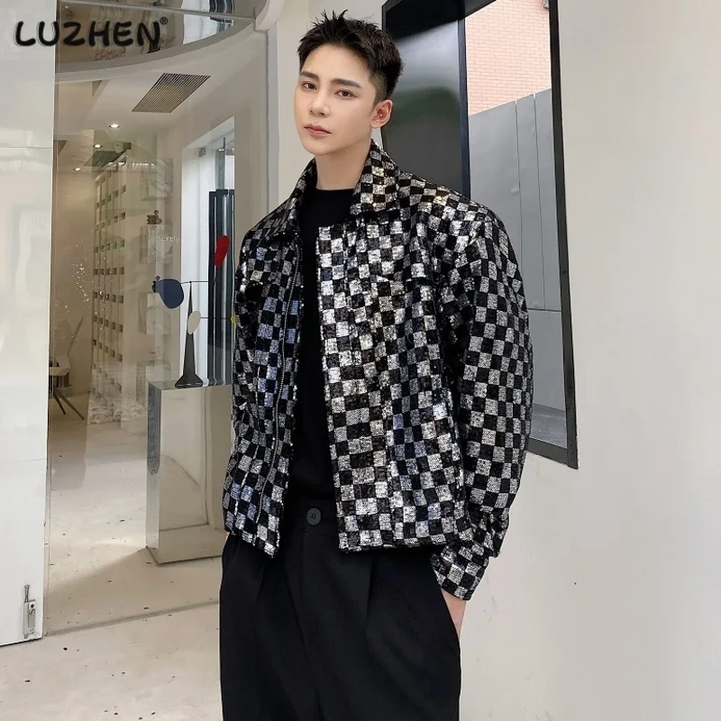 

LUZHEN Elegant Fashion Reflect Light Plaid Niche Design Casual Jacket Men's 2023 Trendy Handsome Original Coat Clothes 6bdbf8