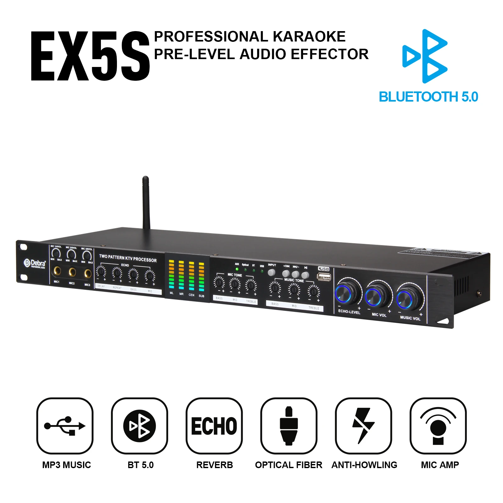 

EX5S Professional Audio Pre-Stage Reverb DSP Effector With 5.0 Bluetooth, Anti-howling, Mic AMP For Karaoke Performance Party.