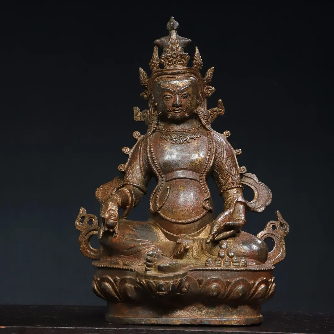 

13"Tibet Temple Collection Old Bronze Cinnabar Mud gold Yellow Jambhala Sitting Buddha Lotus Platform Worship Hall Town house
