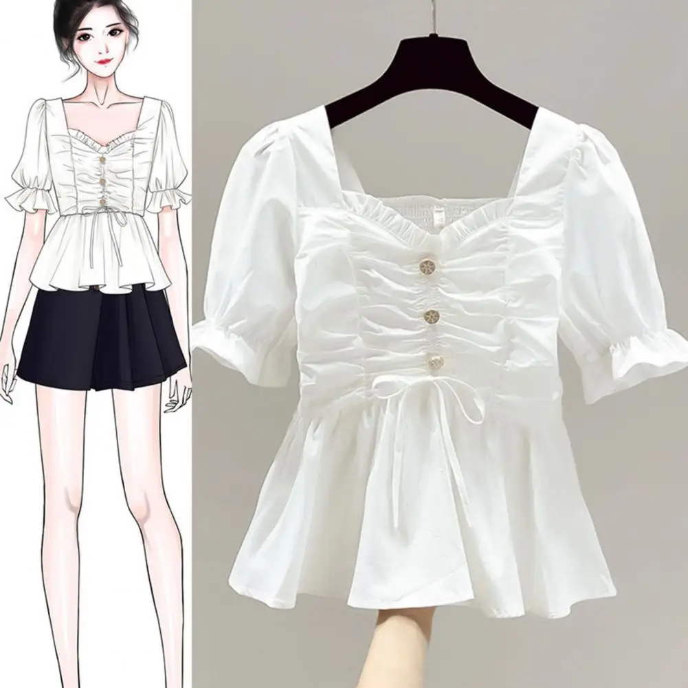 

Ruffle Trim Buttons Decor Shirring Sweet Shirt Loose Hem Square Collar Puff Short Sleeve Pullover Top Ladies Clothing