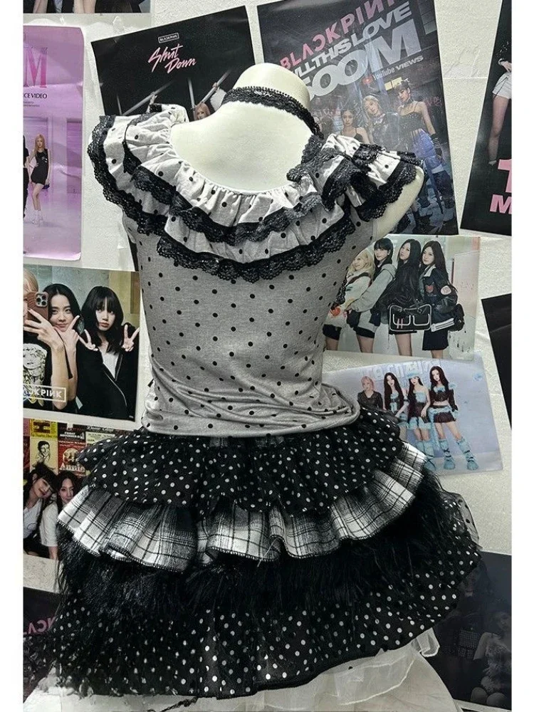 Deeptown Y2k Kawaii серый аниме Juminocore женская футболка Harajuku с оборками в горошек без рукавов в японском стиле футболки в стиле Лолиты тонкие (art.: 3920d3b2f1be5) - 3920d3b2f1be5