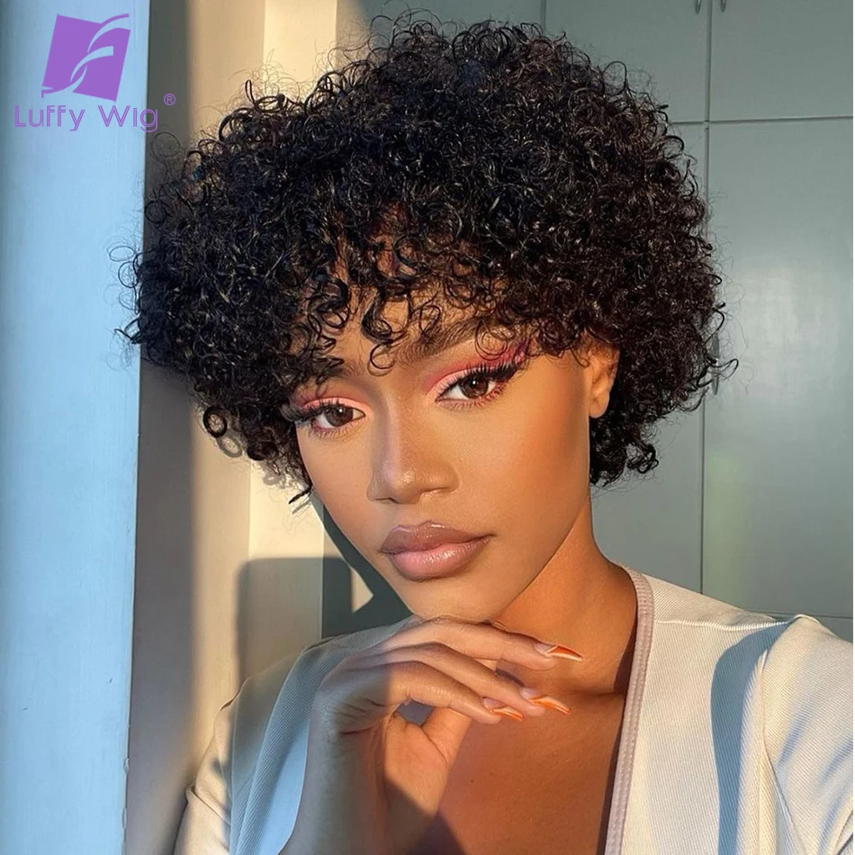 Short Curly Bob Wigs With Bangs Human Hair Full Machine Made Pixie Cut Wig Remy Brazilian Hair Water Wave Wig For Women