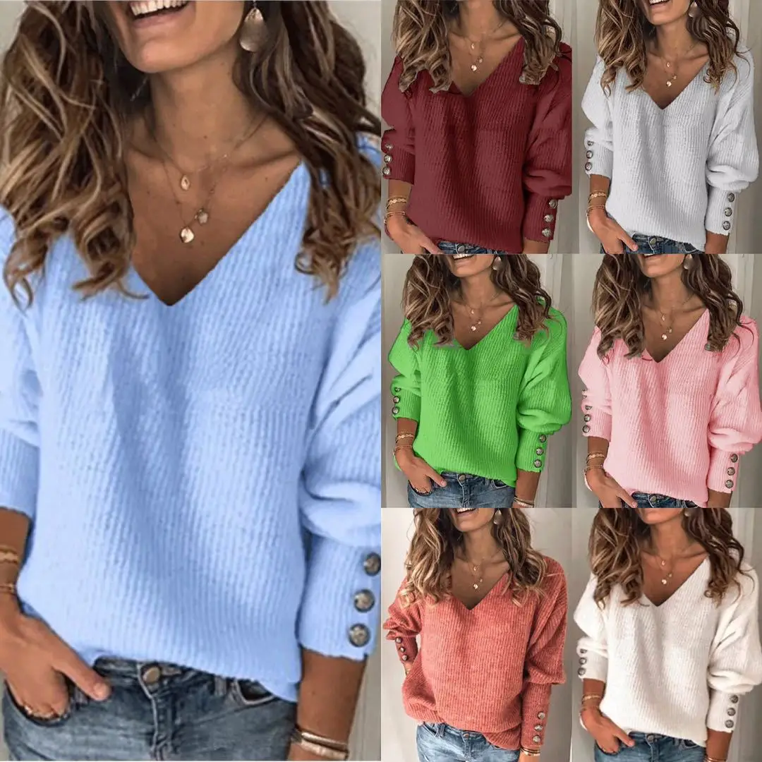 

Autumn and winter new fashion women's solid color versatile knitted V-neck loose long-sleeved T-shirt