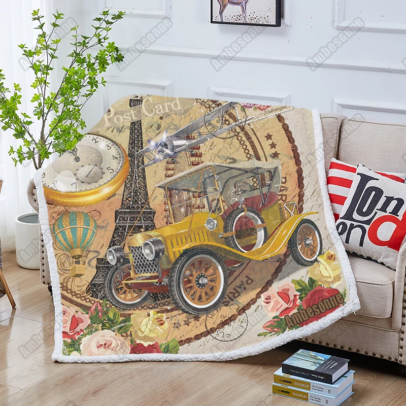 

Custom Throw Blanket Paris Vintage Poster Sherpa Blanket Beatiful Women and Car Bed Blanket for Half Time Plush Mantas Dropship