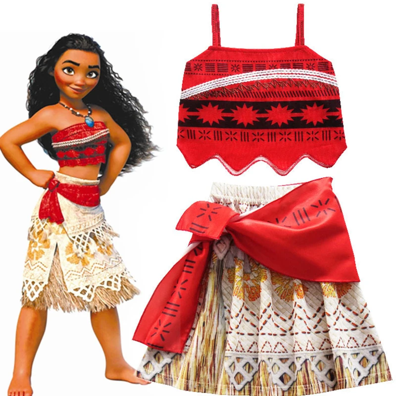Disney Kids Girls Moana Cosplay Costumes Vest+Skirts 2pcs Clothes Sets Summer Beach Halloween Outfits For Children 3-10Yrs