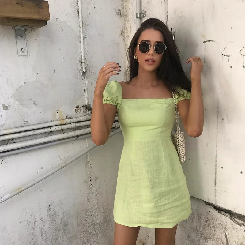 

New Women's Solid Color Short Sleeve Square Neck A-Line Hip Dresses