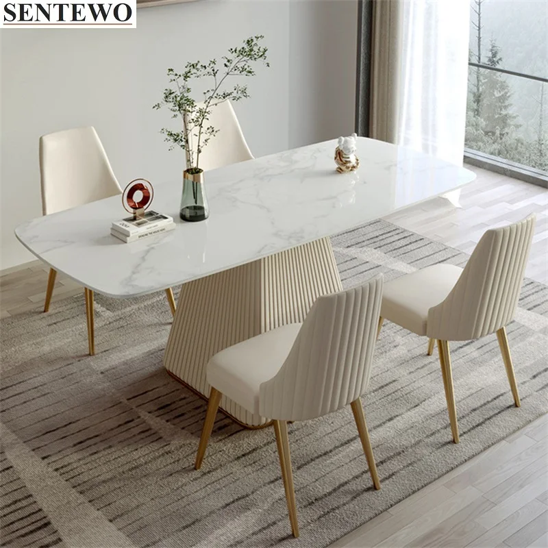 

Luxury Rock Slab Dining Table and 4 Dinner Chairs Set Stainless Steel Leather Base Faux Marble Table Chair Set Stolik Esstische